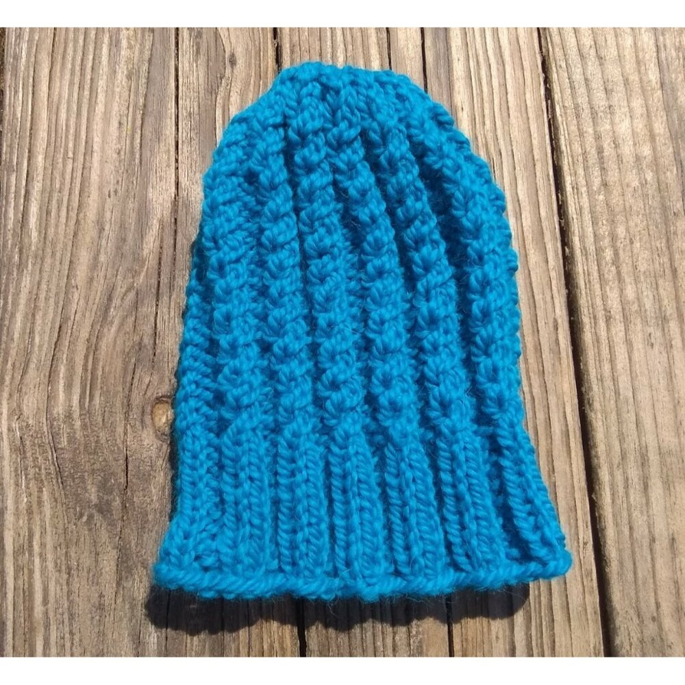 Women's Handmade Alpaca Beanie Twisted Rib Hat Wool Cap Skully Turquoise Blue - Picture 6 of 9